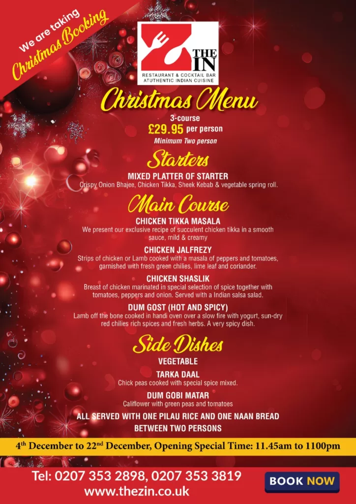 Festive Christmas menu featuring traditional holiday dishes.