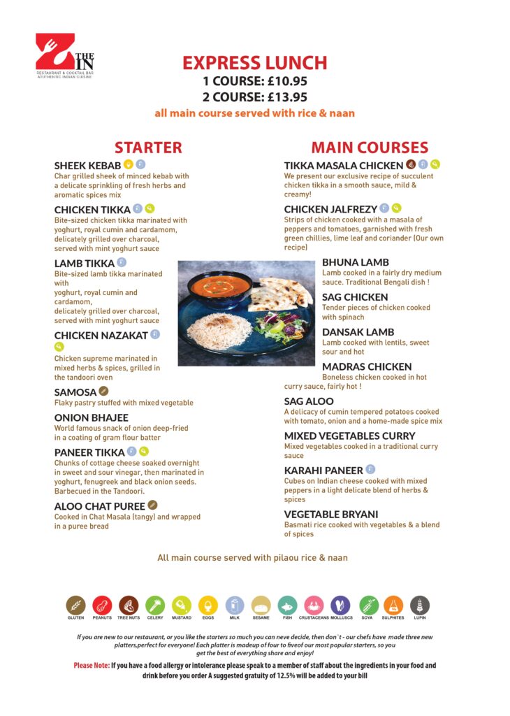 Express Lunch Menu featuring a variety of dishes including kebabs, chicken tikka and daily specials.