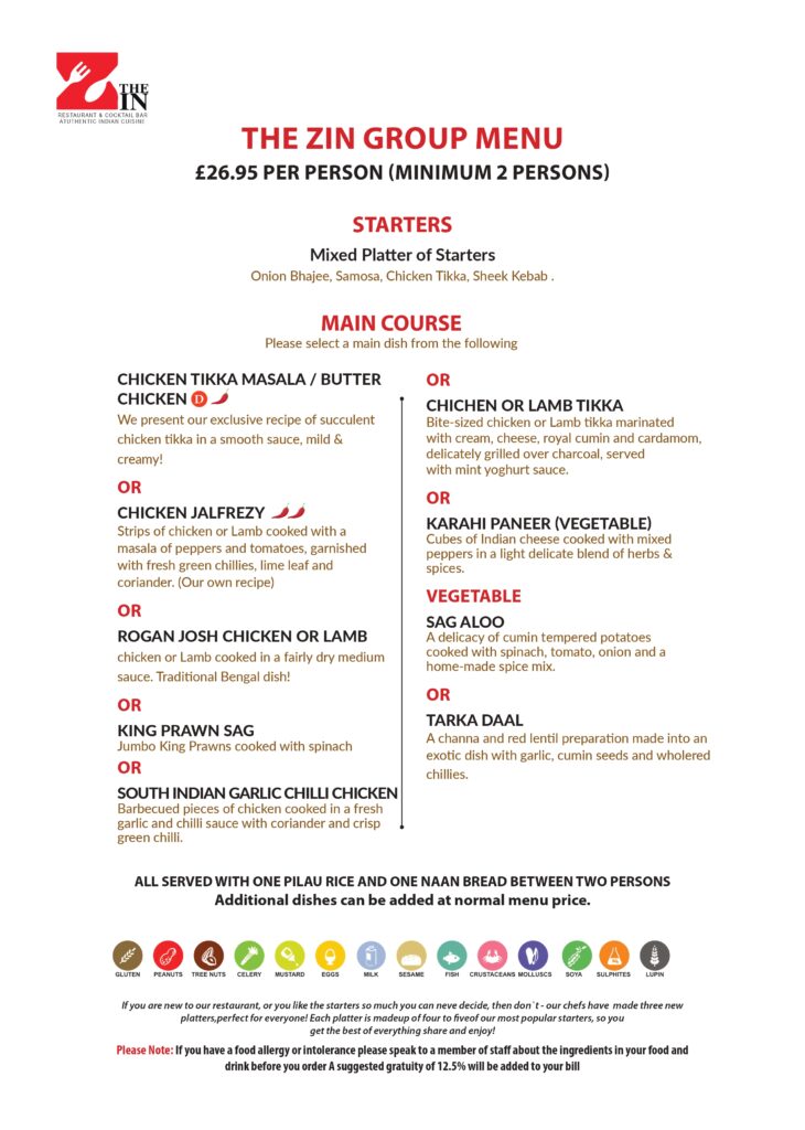 The Zin Group Menu Featuring a Variety of Dishes and Beverages.