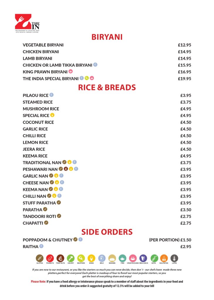 Zin Indian Biryani Menu featuring a variety of flavorful biryanis.