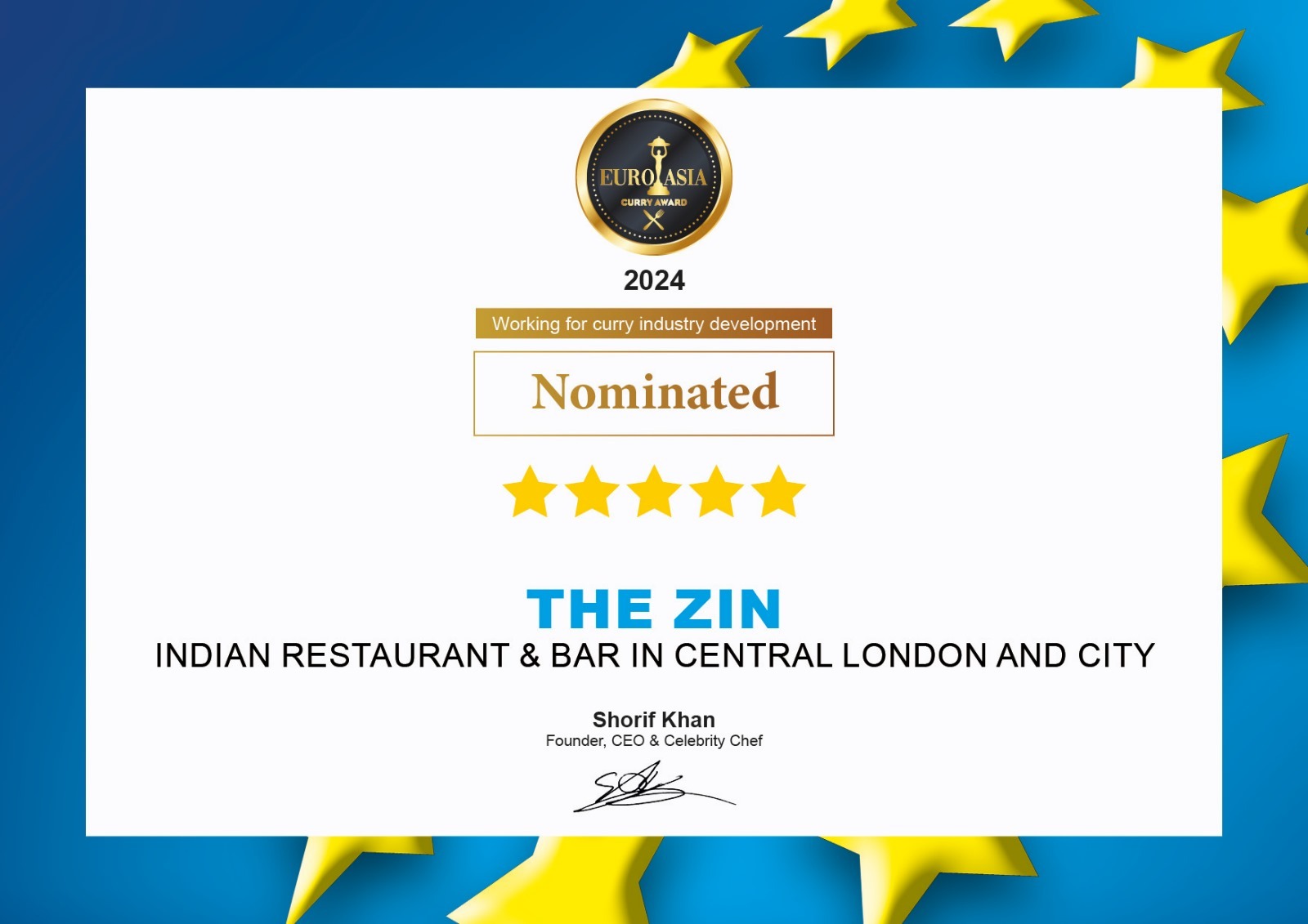 Curry Industry Development Nominated Certificate 2024 with 5-Star Rating.